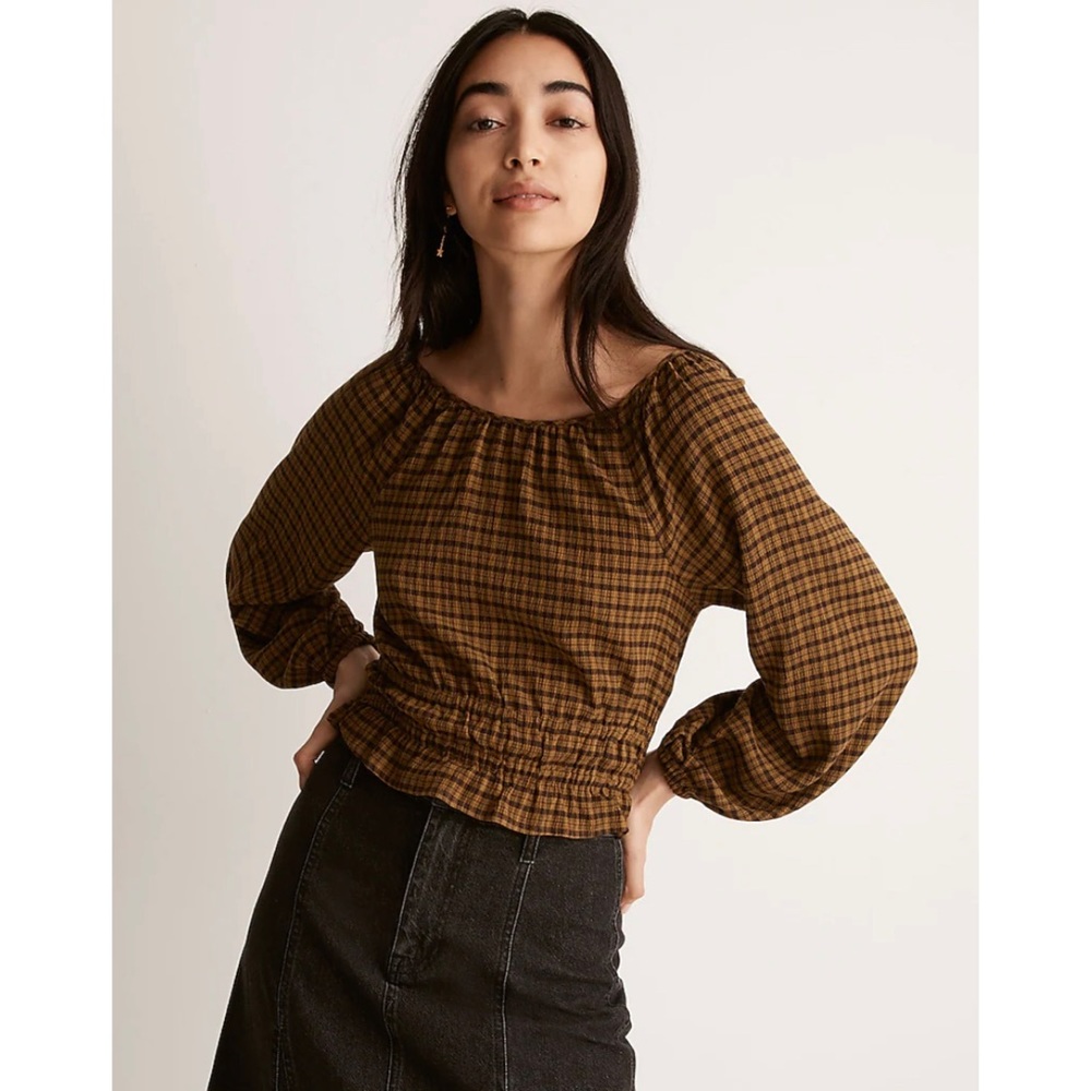 Madewell Plaid Tie-Back Cut Out Top in Spiced Olive